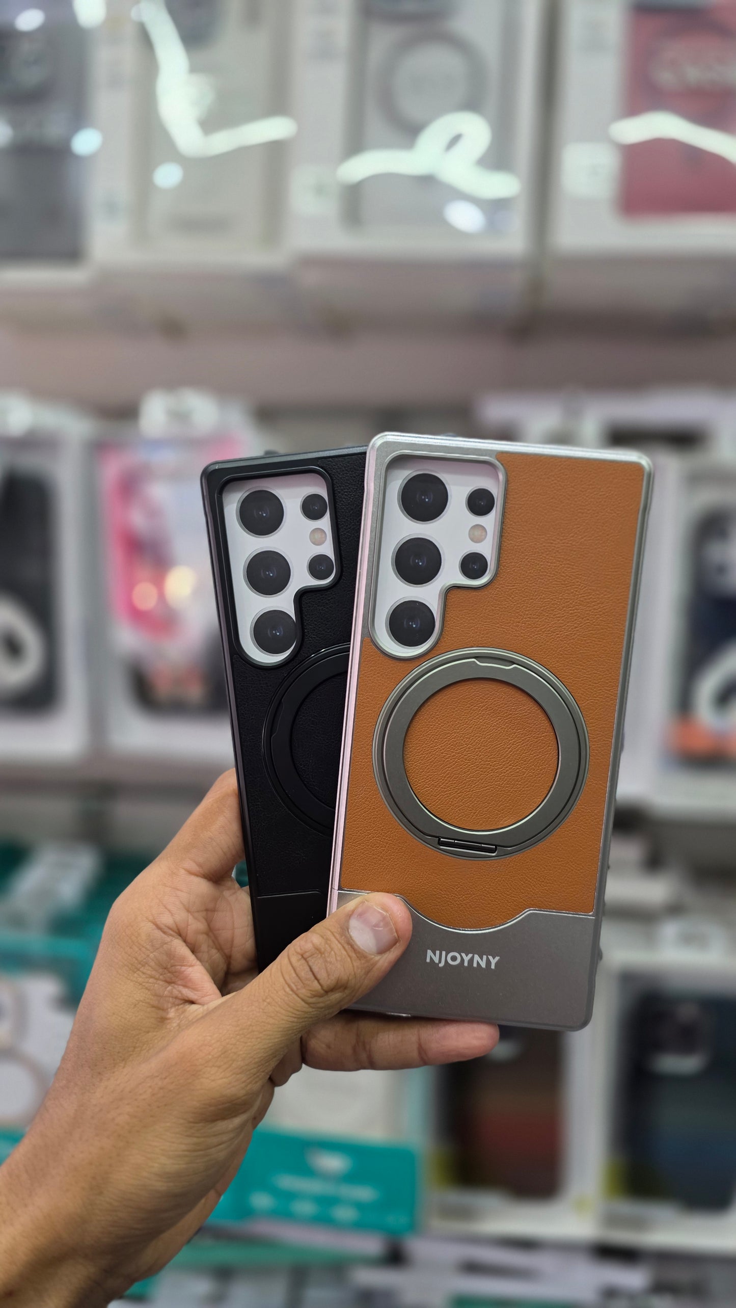 NJOYNY Premium Leather Metal Case with 360° Ring Stand - Samsung S25 Ultra