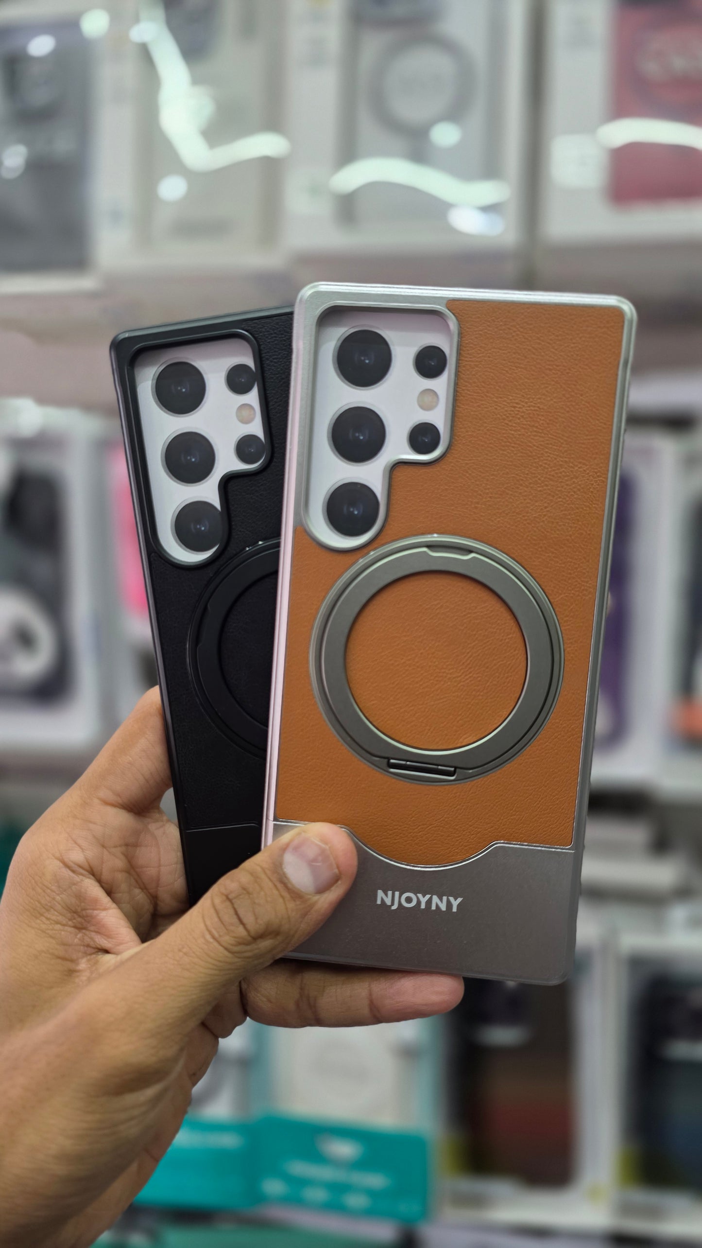NJOYNY Premium Leather Metal Case with 360° Ring Stand - Samsung S25 Ultra