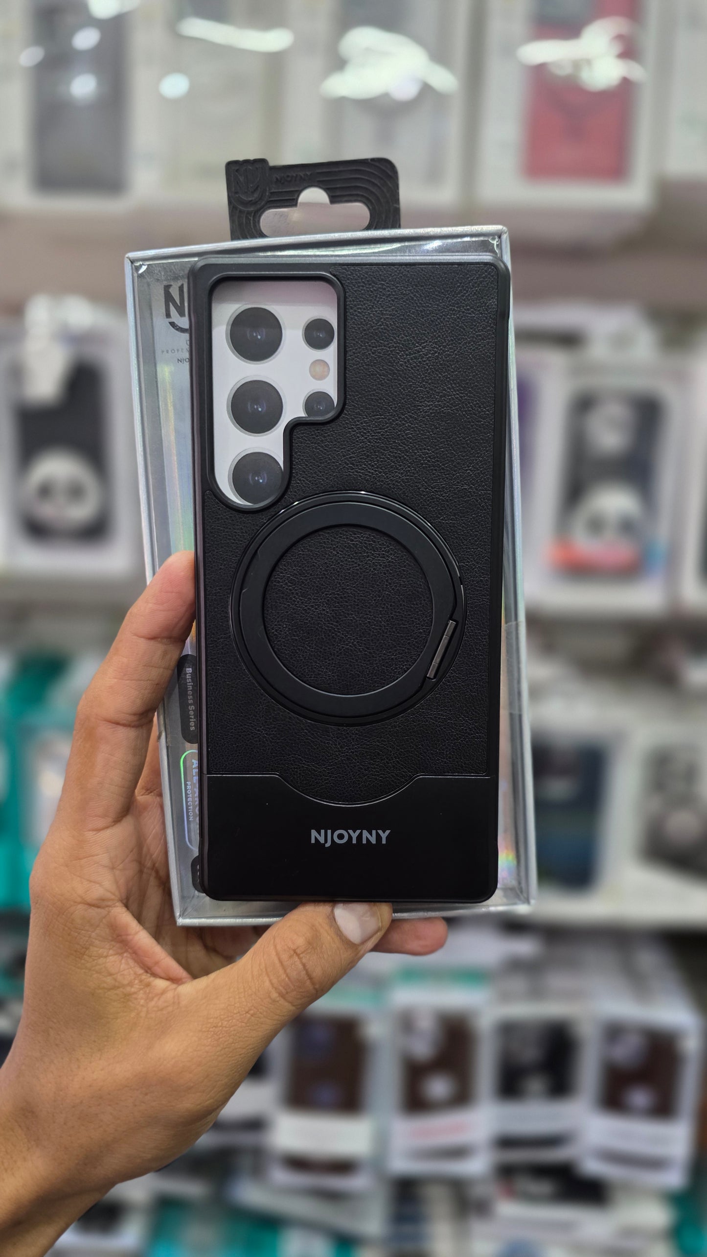 NJOYNY Premium Leather Metal Case with 360° Ring Stand - Samsung S25 Ultra