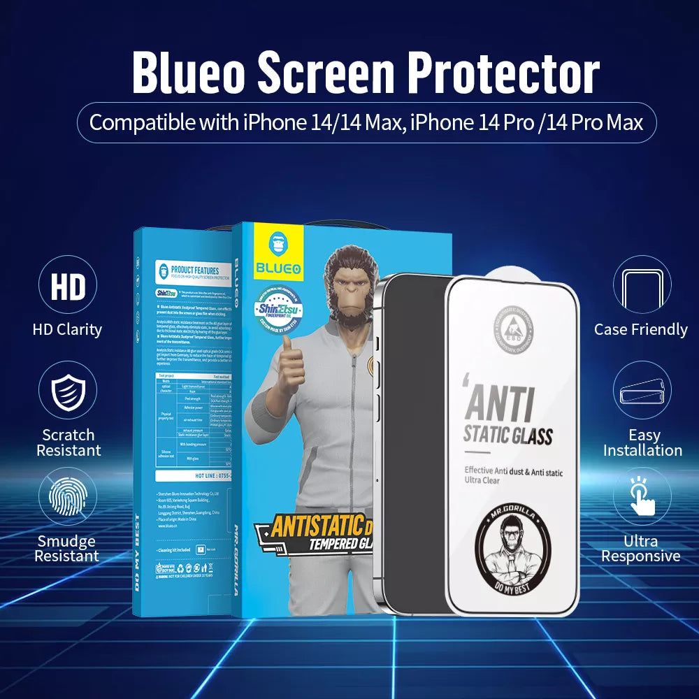 Blueo Anti Static HD Tempered Clear Glass for iPhone 14 Pro