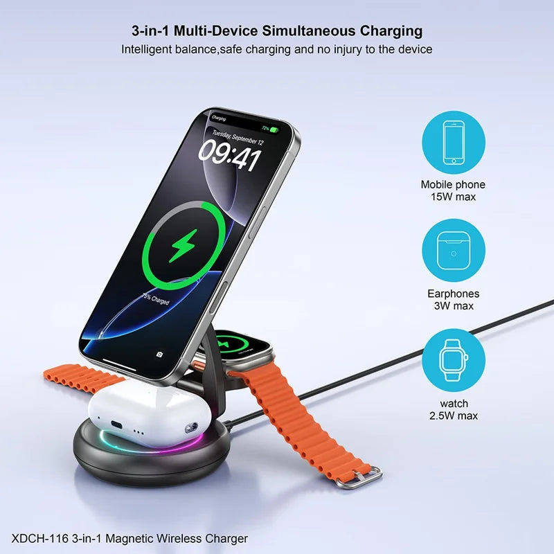 XUNDD 3 in 1 Magnetic Wireless Charger for Mobile Phone / Earphones / Watch Folding Desktop Charging Dock