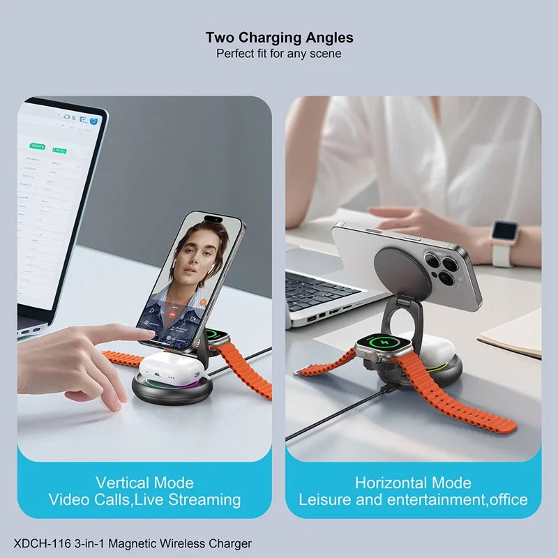 XUNDD 3 in 1 Magnetic Wireless Charger for Mobile Phone / Earphones / Watch Folding Desktop Charging Dock