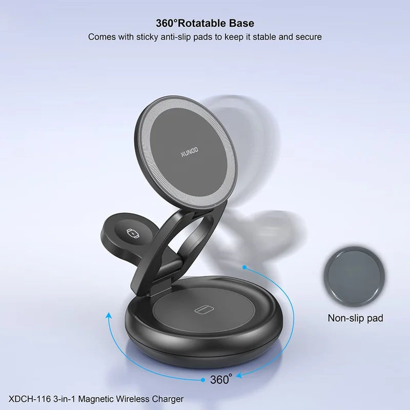 XUNDD 3 in 1 Magnetic Wireless Charger for Mobile Phone / Earphones / Watch Folding Desktop Charging Dock