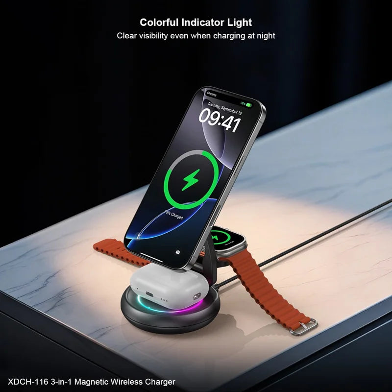 XUNDD 3 in 1 Magnetic Wireless Charger for Mobile Phone / Earphones / Watch Folding Desktop Charging Dock