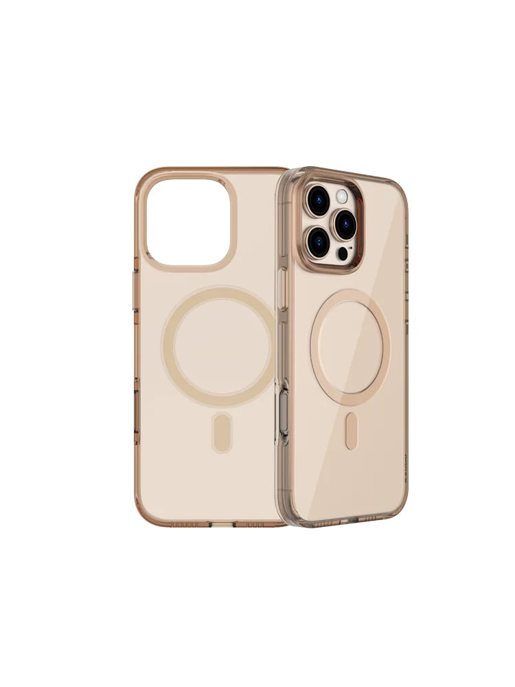 A clear plastic case cover for an iPhone 16 Pro, with a design that includes a circle and a button on the back.