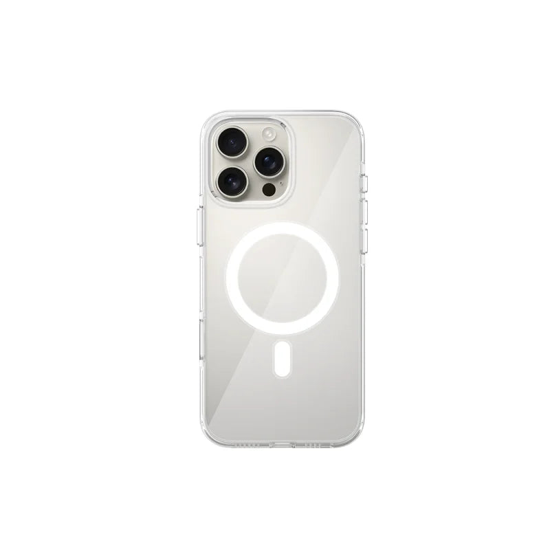 A clear plastic case cover for an iPhone 16 Pro, with a design that includes a circle and a button on the back.