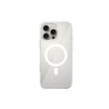A clear plastic case cover for an iPhone 16 Pro, with a design that includes a circle and a button on the back.