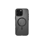 A clear plastic case cover for an iPhone 16 Pro, with a design that includes a circle and a button on the back.
