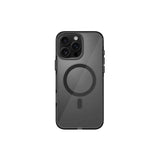 A clear plastic case cover for an iPhone 16 Pro, with a design that includes a circle and a button on the back.