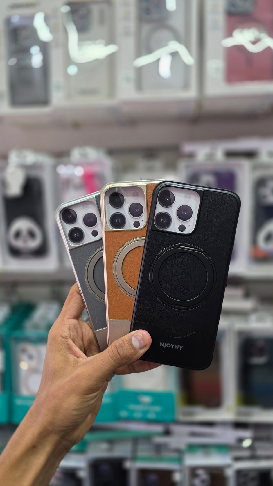 NJOYNY Premium Leather Metal Case with 360° Ring Stand - iPhone 16 Pro Back Cover