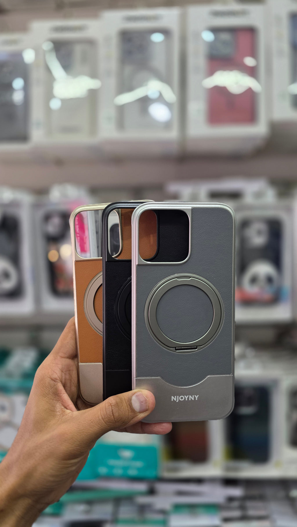 NJOYNY Premium Leather Metal Case with 360° Ring Stand - iPhone 16 Pro Max Back Cover