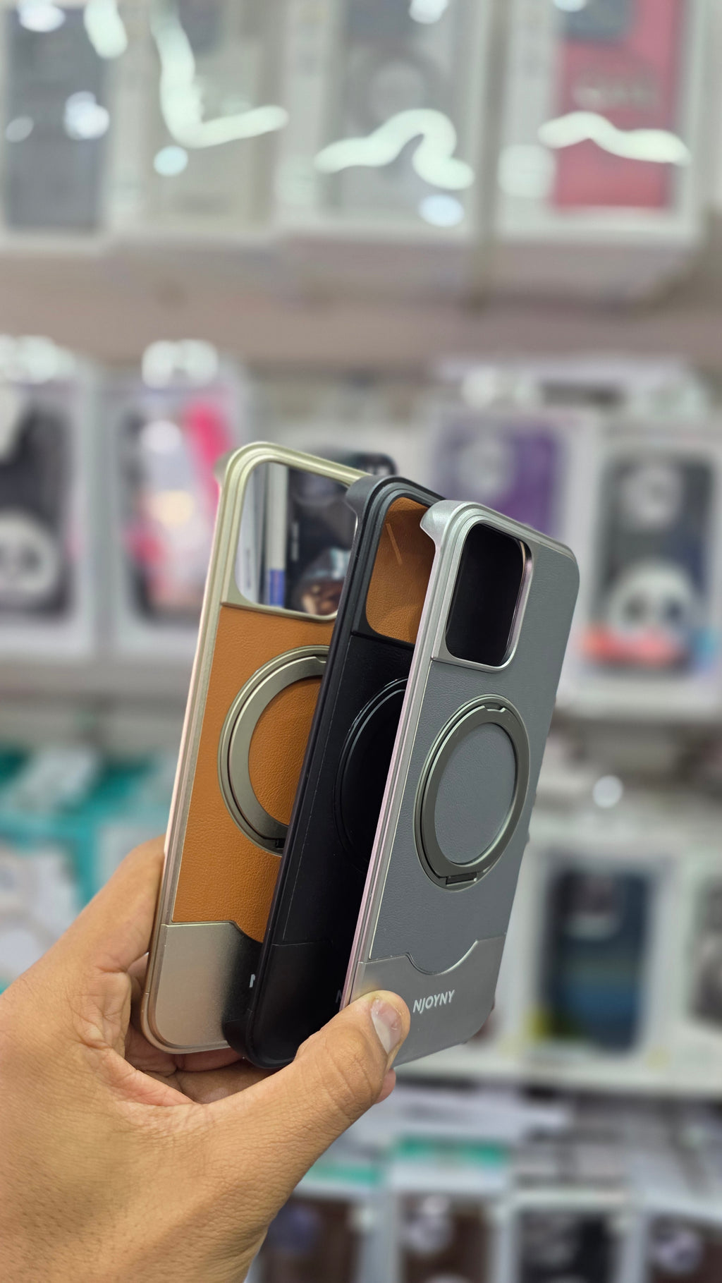 NJOYNY Premium Leather Metal Case with 360° Ring Stand - iPhone 16 Pro Max Back Cover