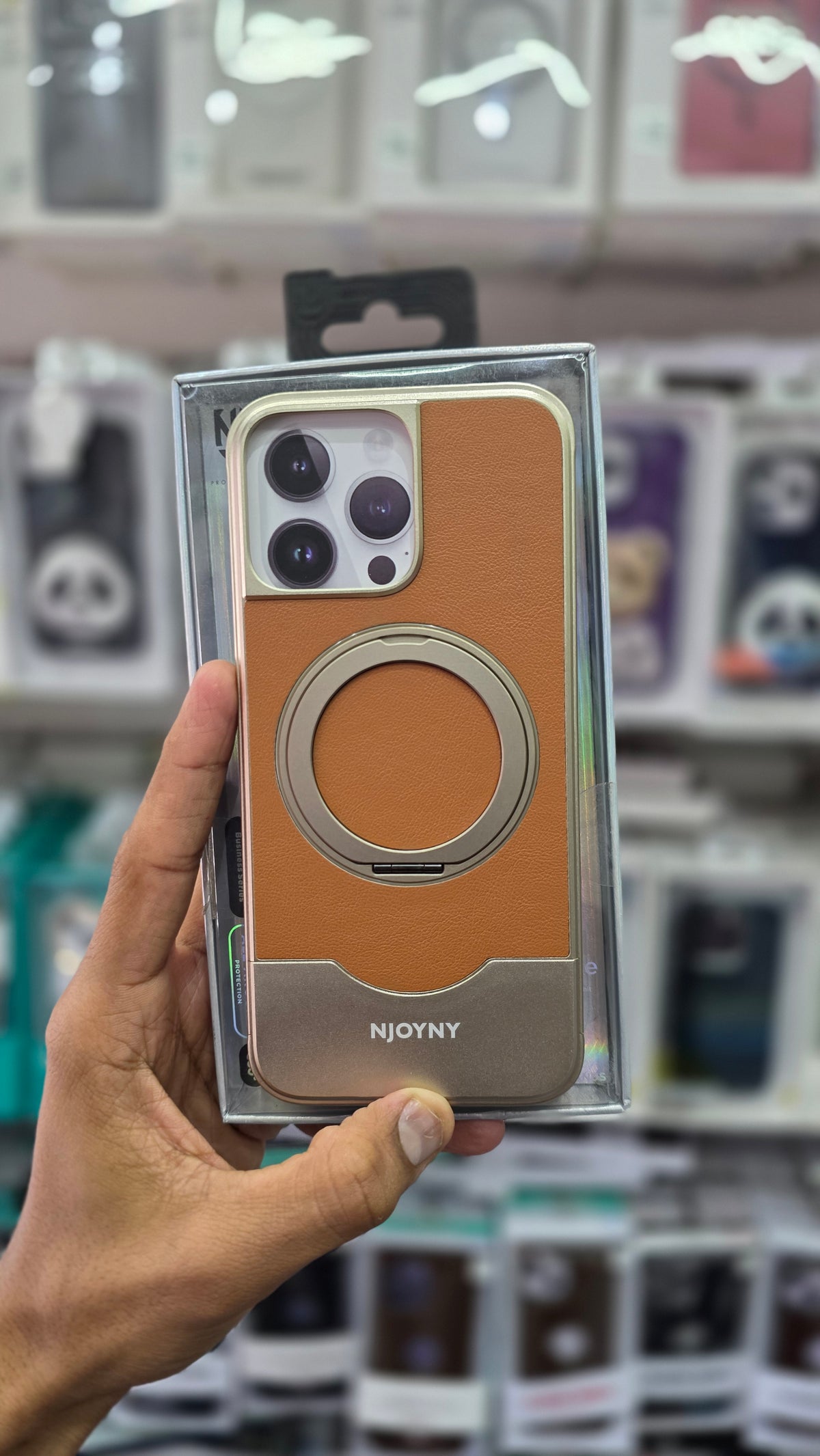 NJOYNY Premium Leather Metal Case with 360° Ring Stand - iPhone 16 Pro Max Back Cover