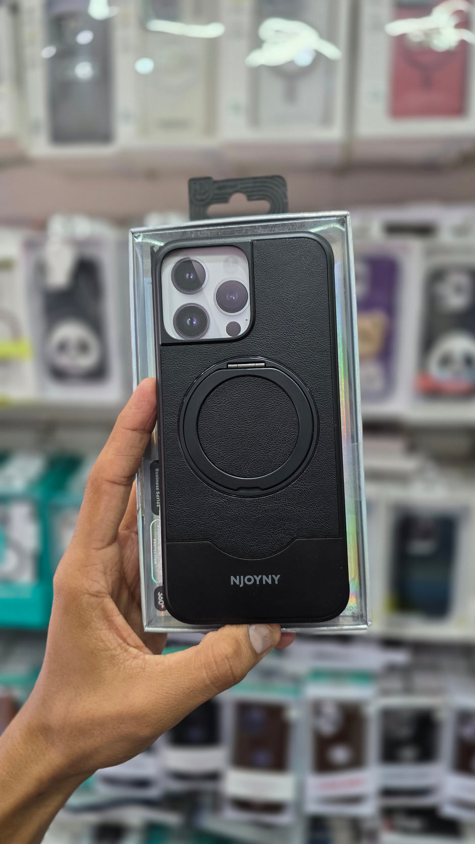 NJOYNY Premium Leather Metal Case with 360° Ring Stand - iPhone 16 Pro Back Cover