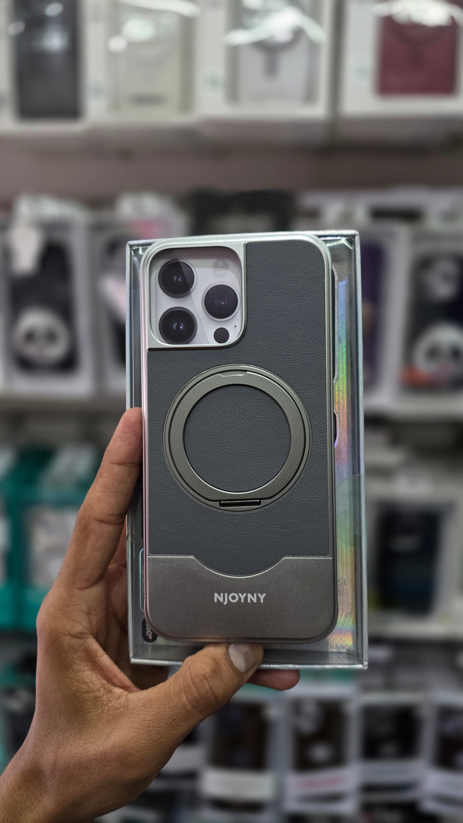 NJOYNY Premium Leather Metal Case with 360° Ring Stand - iPhone 16 Pro Back Cover