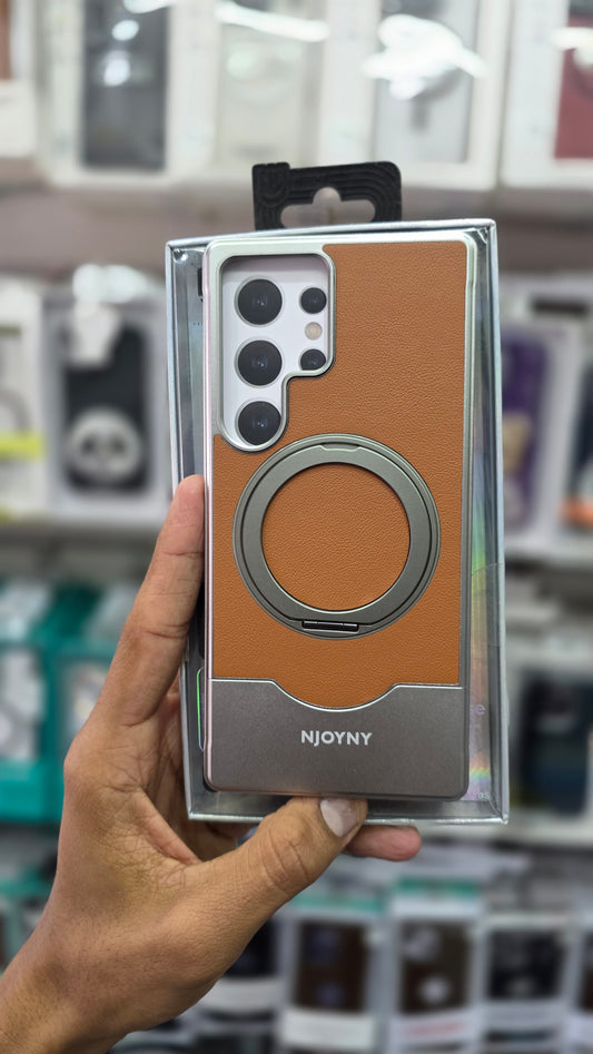 NJOYNY Premium Leather Metal Case with 360° Ring Stand - Samsung S25 Ultra