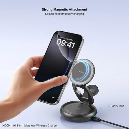 XUNDD 3 in 1 Magnetic Wireless Charger for Mobile Phone / Earphones / Watch Folding Desktop Charging Dock