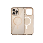 A clear plastic case cover for an iPhone 16 Pro, with a design that includes a circle and a button on the back.